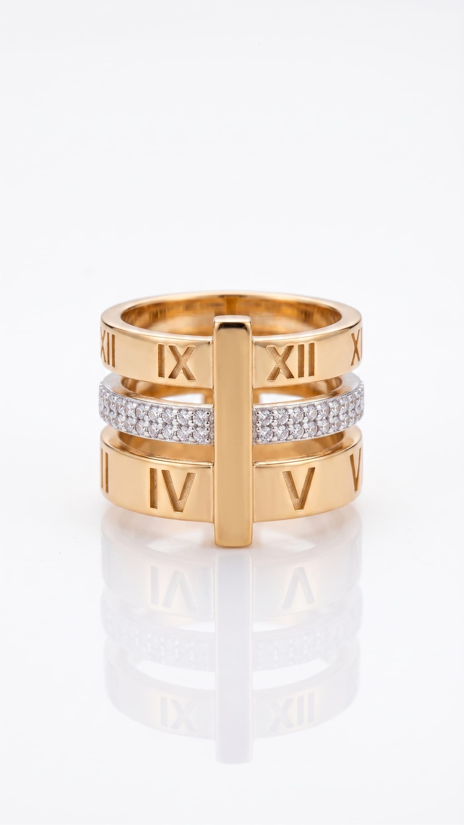 Anel Triplo Elegante Aço Inoxidável 316L Dourado com Pedras Transparentes