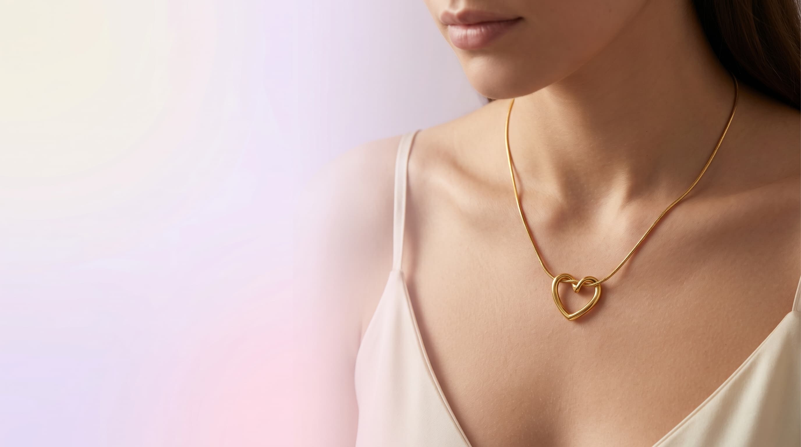 Uma mulher sorridente com cabelos soltos e claros, usando um colar de coração dourado delicado, em um fundo desfocado.